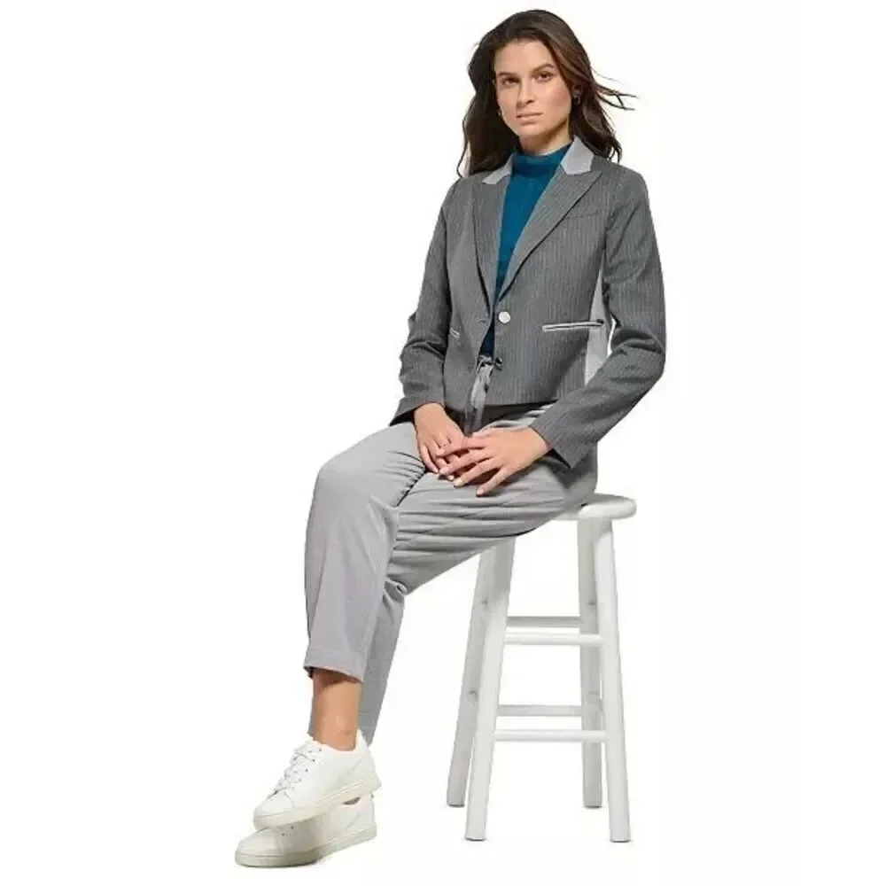 DKNY NWT Women's Pinstriped Combo Peak-Lapel Cropped Jacket Blazer 8